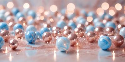 The primary subject of the image is a collection of various colored balls, including blue, pink, and gold, arranged on a table. The setting is a table with a pink background, and the visual style appears to be a photo. The colors and mood of the image are vibrant and lively, with the balls creating a visually appealing display.