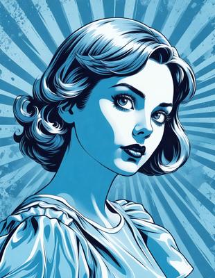The primary subject of the image is a woman with long hair, who is the main focus of the scene. She is wearing a blue dress and has a blue background. The visual style of the image is a digital art or illustration, with a blue color scheme and a somewhat moody atmosphere.