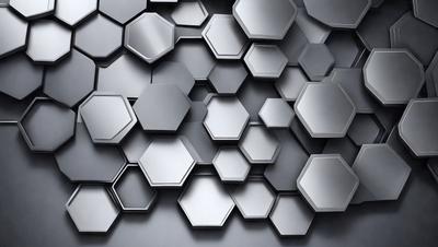 The primary subject of the image is a wall covered in a pattern of hexagonal shapes. The setting is a dark room, and the visual style appears to be a combination of photo and digital art. The dominant colors are silver and black, creating a sleek and modern atmosphere.