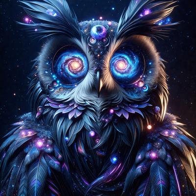 The primary subject of the image is a colorful, digital artwork of an owl with a purple and blue color scheme. The owl is surrounded by a starry background, giving it a celestial appearance. The visual style of the image is digital art, and the colors and mood convey a sense of wonder and magic.