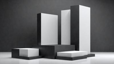 The primary subject of the image is a set of four white boxes, each standing on a black base. The setting is a black background, which contrasts with the white boxes and black bases. The visual style is a combination of photo and digital art, creating a clean and modern appearance. The colors and mood of the image are predominantly black and white, giving it a minimalist and elegant feel.