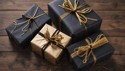The primary subject of the image is a collection of wrapped presents. The presents are placed on a wooden table, and they are tied with gold ribbon. The setting is a wooden table, and the visual style is a photo. The colors and mood of the image are warm and festive, as the gold ribbon adds a touch of elegance to the presents.