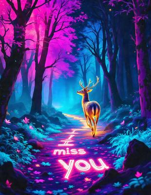 The primary subject of the image is a deer walking down a path in a forest. The setting is a forest with trees and a path. The visual style is digital art, and the colors and mood are vibrant and lively.