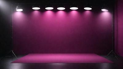 The primary subject of the image is a purple wall with a row of lights hanging above it. The setting is a room with a purple backdrop, and the visual style appears to be a photo. The dominant colors in the image are purple and pink, creating a warm and inviting atmosphere.