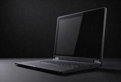 The primary subject of the image is a laptop computer. The laptop is sitting on a table, and it is turned on. The setting is a dark room, which creates a moody atmosphere. The visual style is a photo, capturing the laptop in its natural environment. The colors in the image are predominantly black and grey, reflecting the dark room and the laptop's screen.