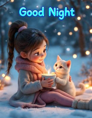 The primary subject of the image is a young girl sitting on the ground, holding a lit candle. She is smiling and appears to be enjoying the moment. The setting is a snowy environment, with a white background and a few lights in the background. The visual style is a digital art illustration, creating a warm and cozy atmosphere. The colors are predominantly white and pink, with the lit candle adding a touch of warmth to the scene.