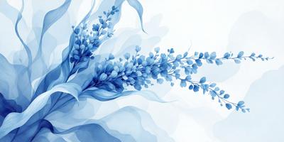 The primary subject of the image is a blue flower with long petals. The setting is a white background, which provides a clean and minimalist appearance. The visual style is a digital art or illustration, as the flower is depicted in a detailed and artistic manner. The dominant colors are blue and white, creating a calm and serene atmosphere.