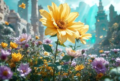 Primary subject: Yellow flower with purple petals.
Setting/background: A garden with purple flowers and a yellow flower with purple petals.
Visual style: Digital art.
Colors and mood: The yellow flower with purple petals stands out against the purple flowers, creating a vibrant and lively atmosphere.
