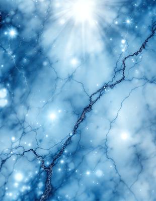 The primary subject of the image is a blue and white marble wall with a crack in it. The setting is a space with a blue background, and the visual style is a digital art or illustration. The dominant colors are blue and white, creating a calm and serene atmosphere.