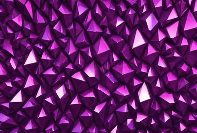 The primary subject of the image is a large, purple wall with a pattern of triangles. The setting is a room with a purple background, and the visual style appears to be a combination of digital art and illustration. The dominant colors are purple and pink, creating a warm and inviting atmosphere.