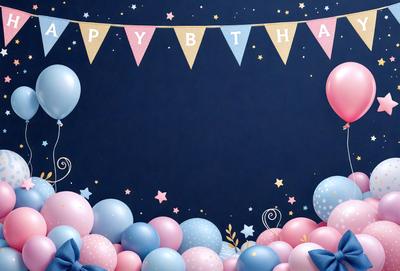 The primary subject of the image is a birthday celebration, featuring a birthday banner and balloons. The setting is a dark blue background, which adds a dramatic touch to the scene. The visual style is a combination of photo and digital art, creating a festive and lively atmosphere. The colors and mood are predominantly pink and blue, symbolizing joy and happiness.