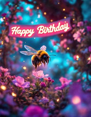 The primary subject of the image is a bee, which is the main focus of the scene. The bee is surrounded by a beautiful and colorful environment, with purple flowers and a pink background. The visual style of the image is a combination of photo and digital art, creating a vibrant and lively atmosphere. The colors and mood of the image are predominantly purple and pink, giving it a warm and inviting feel.