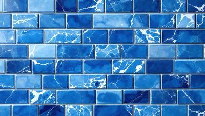 The primary subject of the image is a blue tile wall with a pattern of white and blue tiles. The setting is a room with a blue tile wall as the main focus. The visual style is a close-up of the blue tile wall, showcasing the intricate pattern of the tiles. The dominant colors are blue and white, creating a calm and soothing atmosphere.