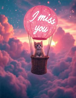The primary subject of the image is a cat sitting in a basket that is suspended in the air. The setting is a cloudy sky, and the visual style appears to be a digital art or illustration. The dominant colors in the image are pink and purple, creating a warm and dreamy atmosphere.