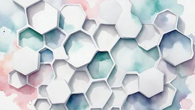 The primary subject of the image is a large, colorful, and intricate pattern made up of hexagons. The pattern is displayed on a white surface, which serves as the background. The visual style of the image is a combination of digital art and illustration, creating a vibrant and artistic atmosphere. The dominant colors in the image are blue, green, and pink, which contribute to the overall mood of the scene.