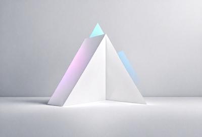 The primary subject of the image is a white triangle with a blue and pink triangle on top of it. The setting is a white background, and the visual style appears to be a digital art or illustration. The colors and mood of the image are predominantly white and neutral, with the blue and pink triangles adding a touch of vibrancy and contrast.