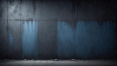 The primary subject of the image is a wall with a blue and black color scheme. The setting is a concrete wall, and the visual style is a photo. The dominant colors are blue and black, creating a moody atmosphere.