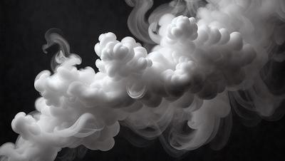 The primary subject of the image is a cloud of smoke, which appears to be a dense and thick fog. The setting is a dark background, which contrasts with the smoke, making it stand out. The visual style of the image is a black and white photo, giving it a classic and timeless appearance. The colors and mood of the image are predominantly dark and moody, with the smoke creating a dramatic and mysterious atmosphere.