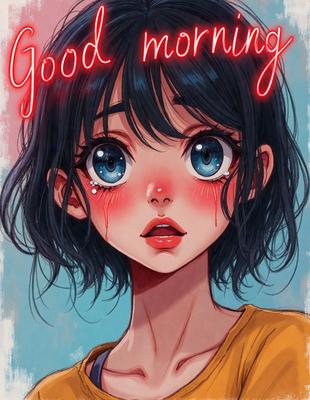 The primary subject of the image is a woman with a pink nose, who appears to be crying. She is wearing a yellow shirt and has a red nose. The setting is a blue background, and the visual style is a digital art illustration. The colors and mood of the image are predominantly blue and pink, with a sense of sadness or vulnerability.
