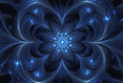 The primary subject of the image is a blue flower with a yellow center, surrounded by a blue background. The visual style appears to be a digital art or illustration, creating a vibrant and colorful scene. The dominant colors are blue and yellow, giving the image a lively and energetic atmosphere.
