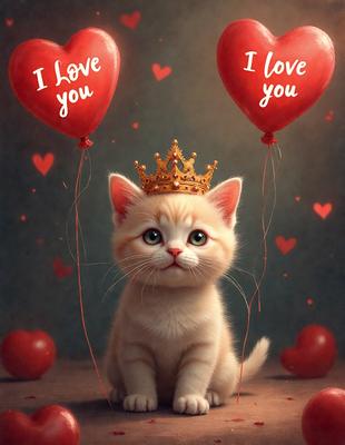 The primary subject of the image is a small, cute, and fluffy white kitten sitting on a table. The kitten is wearing a crown, giving it a regal appearance. The setting is a room with a table, and the visual style is a digital art or illustration. The colors are predominantly white and red, giving the image a warm and cozy atmosphere.