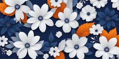 The primary subject of the image is a pattern of white and orange flowers, with blue accents. The setting is a blue background, and the visual style is a combination of digital art and illustration. The dominant colors are white, orange, and blue, creating a vibrant and lively atmosphere.