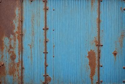 The primary subject of the image is a blue door with rust and dirt on it. The setting is an outdoor environment, and the visual style appears to be a photo. The dominant colors are blue and rust, creating a mood of aged and weathered materials.