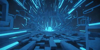 The primary subject of the image is a futuristic cityscape, featuring a large, blue, three-dimensional structure with a lot of detail. The setting is a futuristic environment, likely a space station or a city in a distant galaxy. The visual style is a combination of digital art and illustration, creating a vivid and immersive atmosphere. The colors and mood are predominantly blue, giving the scene a sense of depth and tranquility.