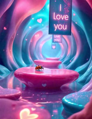 The primary subject of the image is a ladybug sitting on a pink pedestal. The setting is a colorful, whimsical environment with a pink and purple color scheme. The visual style is a digital art or illustration, creating a playful and imaginative atmosphere. The colors and mood convey a sense of joy and creativity.