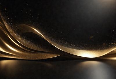 The primary subject of the image is a gold-colored, curved, and wavy surface. The setting is a dark background, which contrasts with the gold surface. The visual style appears to be a combination of a photo and digital art, as the gold surface has a textured and patterned appearance. The colors and mood of the image are predominantly dark and moody, with the gold surface providing a touch of warmth and elegance.