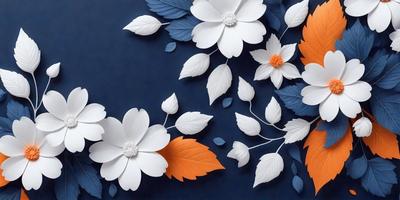 The primary subject of the image is a white flower with an orange center, surrounded by a blue background. The visual style appears to be a combination of digital art and illustration, creating a unique and artistic representation of the flower. The colors and mood of the image are predominantly white and blue, with the orange center adding a touch of warmth and vibrancy to the overall composition.