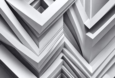The primary subject of the image is a white geometric pattern, which appears to be a wallpaper design. The setting is a white wall, and the visual style is a close-up of the pattern. The colors and mood of the image are predominantly white, giving it a clean and minimalist appearance.