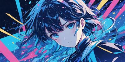The primary subject of the image is a woman with long black hair, wearing a black shirt. She has blue eyes and is looking at the camera. The setting is a dark room with a blue background. The visual style is a digital art illustration. The colors and mood are dark and moody, with the blue background adding a touch of calmness to the scene.