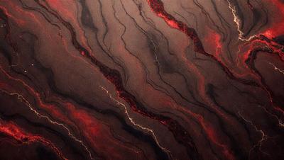 The primary subject of the image is a close-up of a marbled surface with red and black stripes. The setting is a dark room, and the visual style appears to be a combination of a photo and a drawing. The dominant colors are red and black, creating a bold and striking appearance.