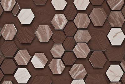 The primary subject of the image is a pattern of hexagonal tiles, which are arranged in a honeycomb-like formation. The setting is a wall, and the visual style appears to be a combination of a photo and digital art. The colors and mood of the image are predominantly brown and earthy, giving it a warm and natural feel.