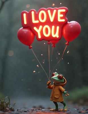 The primary subject of the image is a small green frog holding a balloon that says "I love you." The frog is wearing a jacket and is positioned in front of a forest background. The visual style of the image is a combination of photo and digital art, creating a whimsical and playful atmosphere. The colors and mood of the image are predominantly green and warm, reflecting the natural environment and the frog's cheerful expression.