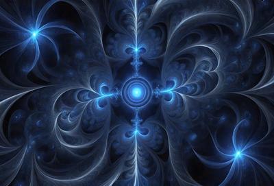 The primary subject of the image is a blue circle with a cross in the center, surrounded by a swirling pattern of blue and white. The setting is a dark background, which contrasts with the bright blue circle and the swirling pattern. The visual style is a combination of digital art and illustration, creating a unique and intricate design. The colors and mood of the image are predominantly blue and white, giving it a calm and serene atmosphere.