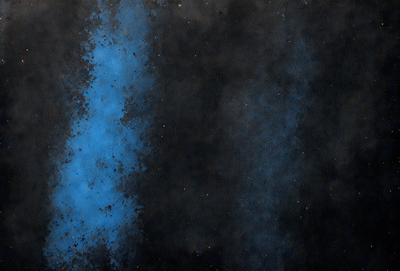 The primary subject of the image is a blue and black painting of a night sky. The setting is a dark, cloudy night with a few stars visible. The visual style is a painting, and the colors and mood are predominantly dark and moody.