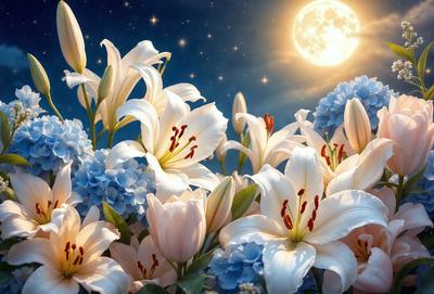 The primary subject of the image is a beautiful bouquet of white and blue flowers, with a mix of white and blue lilies. The flowers are arranged in a visually appealing manner, creating a sense of harmony and tranquility. The setting is a nighttime scene, with a moon in the background, adding a sense of serenity and magic to the image. The visual style is a combination of photo and digital art, resulting in a stunning and realistic representation of the flowers. The colors and mood of