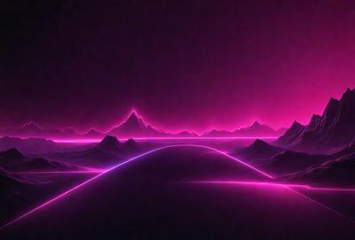 The primary subject of the image is a mountain range, with a purple sky in the background. The setting appears to be a futuristic or fantasy landscape, with a sense of depth and intrigue. The visual style is a combination of digital art and illustration, creating a unique and captivating scene. The dominant colors are purple and pink, giving the image a dreamy and surreal atmosphere.