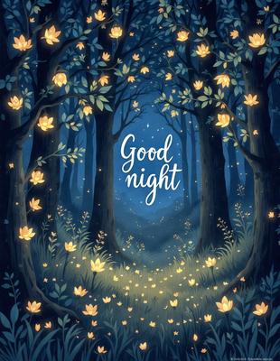 Good Night: A serene forest scene with a pathway leading to a tree. The forest is illuminated by a soft glow, creating a peaceful and calming atmosphere. The primary subject is the pathway, which is surrounded by trees and flowers, adding to the overall beauty of the scene. The setting is a forest at night, with the visual style being a digital art illustration. The colors and mood are predominantly blue and green, reflecting the tranquility of the nighttime forest.