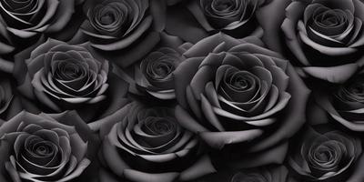 The primary subject of the image is a close-up of a bouquet of black roses. The setting is a dark background, which emphasizes the contrast between the black roses and the surrounding darkness. The visual style is a black and white photograph, which adds a classic and timeless quality to the image. The dominant colors are black and white, creating a moody and dramatic atmosphere.