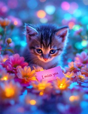 The primary subject of the image is a small kitten sitting in a field of flowers. The setting is a beautiful garden with a variety of flowers, creating a serene and peaceful atmosphere. The visual style of the image is a photo, capturing the kitten's adorable expression and the vibrant colors of the flowers. The colors and mood of the image are warm and inviting, with the kitten and flowers creating a sense of tranquility and joy.