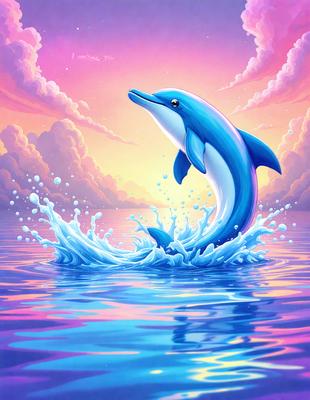 The primary subject of the image is a blue dolphin, which is the main focus of the scene. The dolphin is swimming in a body of water, surrounded by a vibrant and colorful environment. The setting includes a sunset, adding a warm and serene atmosphere to the scene. The visual style of the image is a digital art or illustration, showcasing the dolphin in a dynamic and detailed manner. The colors and mood of the image are predominantly blue and calming, creating