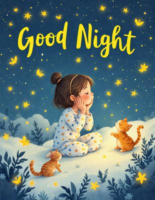 The primary subject of the image is a little girl sitting on the ground, surrounded by a couple of cats. The setting is a nighttime scene with a starry sky in the background. The visual style is a combination of digital art and illustration, creating a whimsical and charming atmosphere. The colors are predominantly blue and yellow, with the starry sky adding a touch of warmth to the scene.