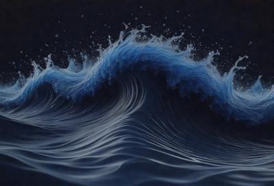 The primary subject of the image is a large wave in the ocean. The wave is blue and has a white and blue color scheme. The setting is the ocean, with the wave being the main focus of the image. The visual style is a painting, which gives the image a more artistic and detailed appearance. The colors and mood of the image are dynamic and energetic, as the wave is a powerful force of nature.
