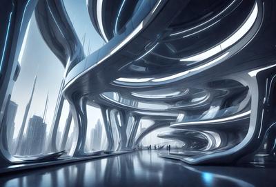 The primary subject of the image is a futuristic cityscape with a large, curved building that resembles a giant spider web. The setting is a city street with a group of people walking on the sidewalk. The visual style is a combination of photo and digital art, creating a surreal and intriguing atmosphere. The colors and mood are predominantly blue and white, giving the scene a sense of calmness and sophistication.