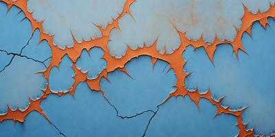 The primary subject of the image is a blue wall with a pattern of orange and white spikes. The setting is a room with a blue background, and the visual style appears to be a combination of digital art and illustration. The dominant colors are blue and orange, creating a vibrant and energetic atmosphere.