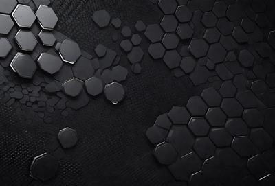 The primary subject of the image is a black leather surface with a pattern of hexagonal shapes. The setting is a black background, and the visual style appears to be a combination of a photo and digital art. The dominant colors are black and grey, creating a sleek and modern atmosphere.
