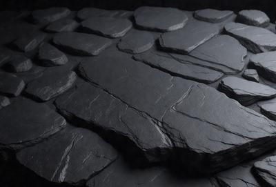 The primary subject of the image is a cat sitting on a stone surface. The setting is a rocky, textured surface, possibly a stone wall or a stone floor. The visual style appears to be a black and white photo, giving the image a classic and timeless feel. The dominant colors are shades of gray, black, and white, creating a moody and dramatic atmosphere.